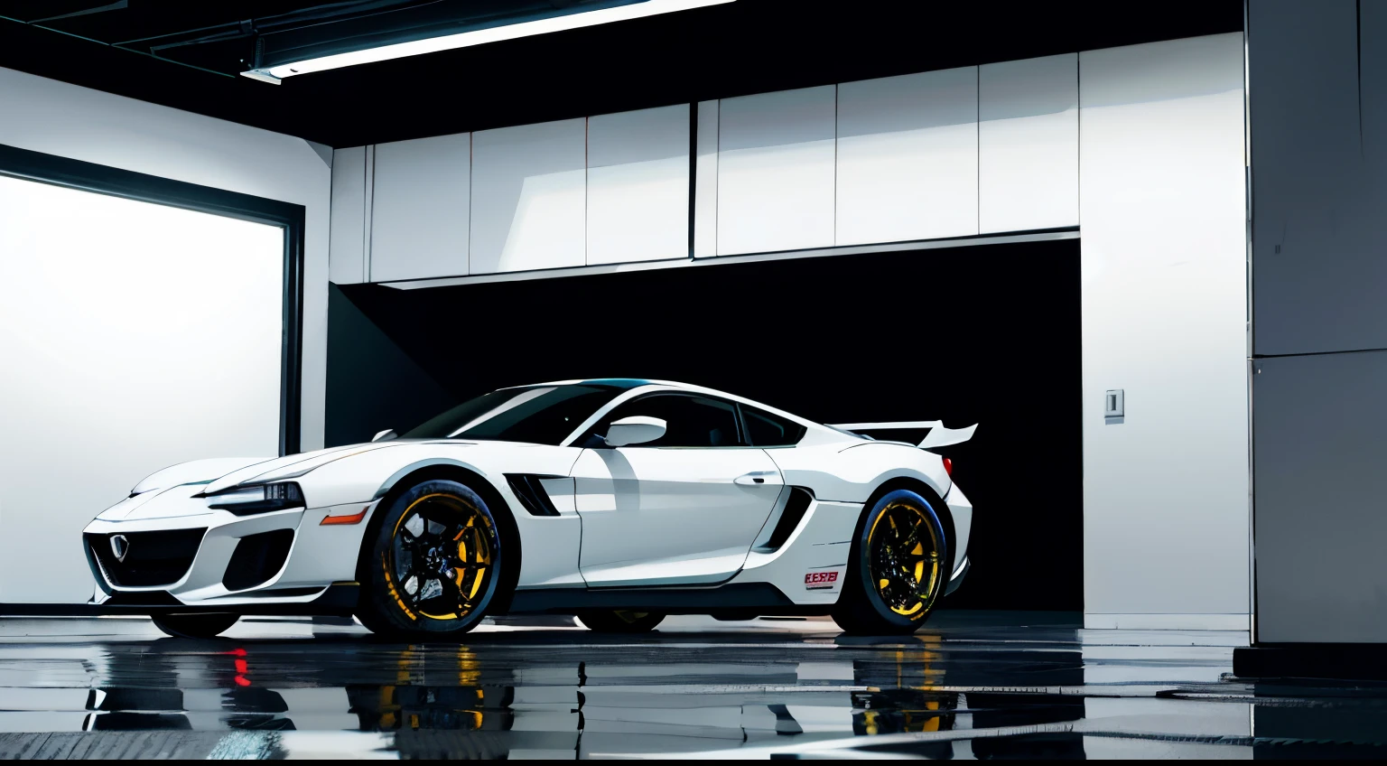 Masterpiece, High resolution, 5 car showroom Garage, 5 cars, white walls, Luxury garage, mirror on walls, cyberpunk,