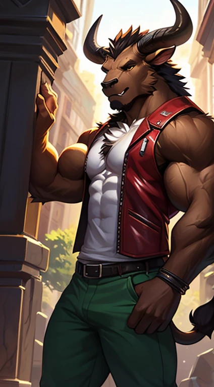 ((anime)), by Garmash,Ruan Jia, anthro, male, (((detailed fluffy fur))), ((standing)), detailed realistic painting, (((biceped))), (((shaded))) extreme detail, ((minotaur)), green pants, red leather vest, brown body, light particles