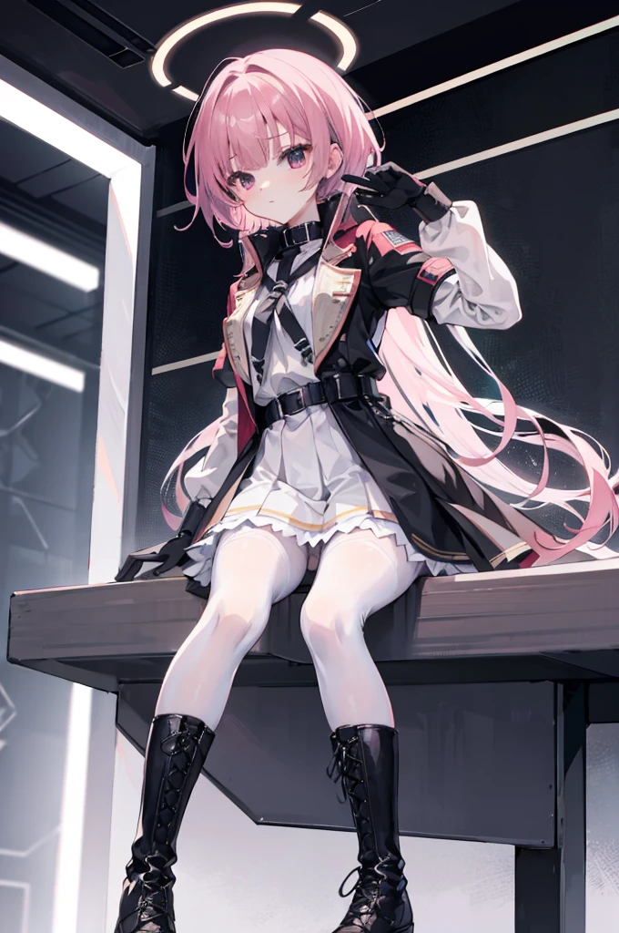 mitsukasa ayas，army suit，Manteau，White color blouse，short  skirt，black pantyhoses，black military boots，mitts，A sexy pose，Inside the command room