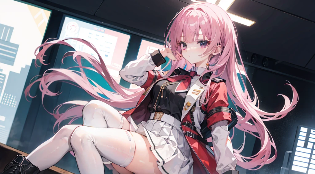 zero two, darling in franxx, 1girl, solo, masterpiece, best quality, ultra-detailed, bangs, navel covered, eyeshadow, green eyes, hair behind head, horns, long hair, looking at the viewer, makeup, small breasts, pilot suit, red suit, pink hair, red eyeshadow, science fiction, sci-fi