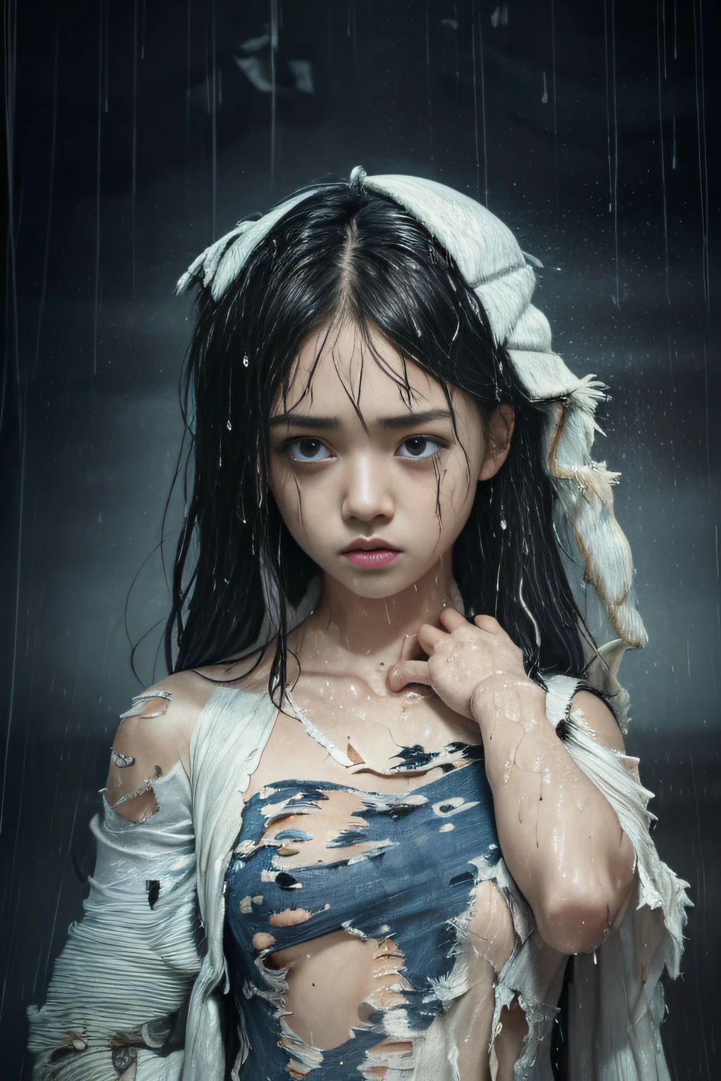 Best picture quality, masterpiece, ultra high resolution, (fidelity :1.4), photo, 1 girl,[(sadness)],white shirt, Dim, dark, desperate, pitying, pitiful, cinematic,tear,teardrop,(Torn clothes:2.2), (Wet clothes:1.4), bare shoulders,Real rain,wet hair,..