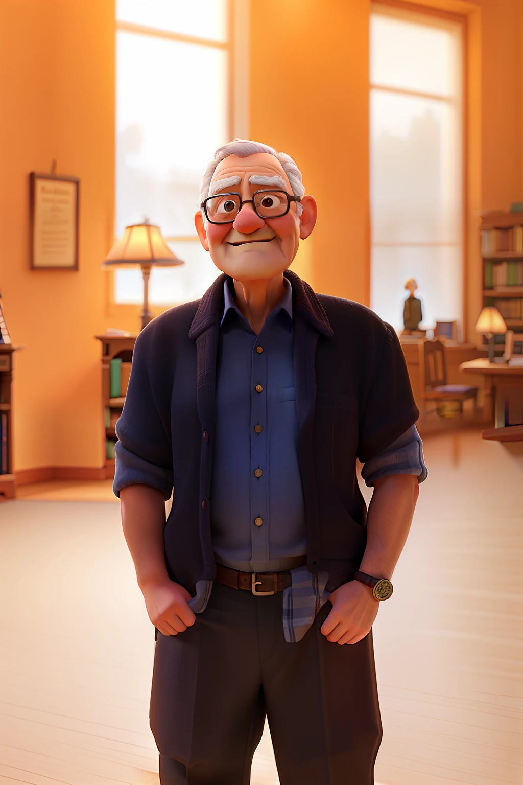 A wise old man standing in front, illuminated by the light of a lamp, against the backdrop of a library