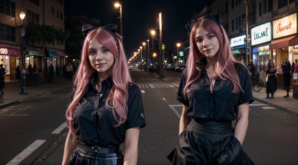 1girl, solo, new year, street, lights, long hair, pink hair, large breasts, button down, ((opened shirt)), dark blue eyes, ((black shirt)), ((long skirt)), cleavage, smile, looking at the viewer, moving, hair ribbon