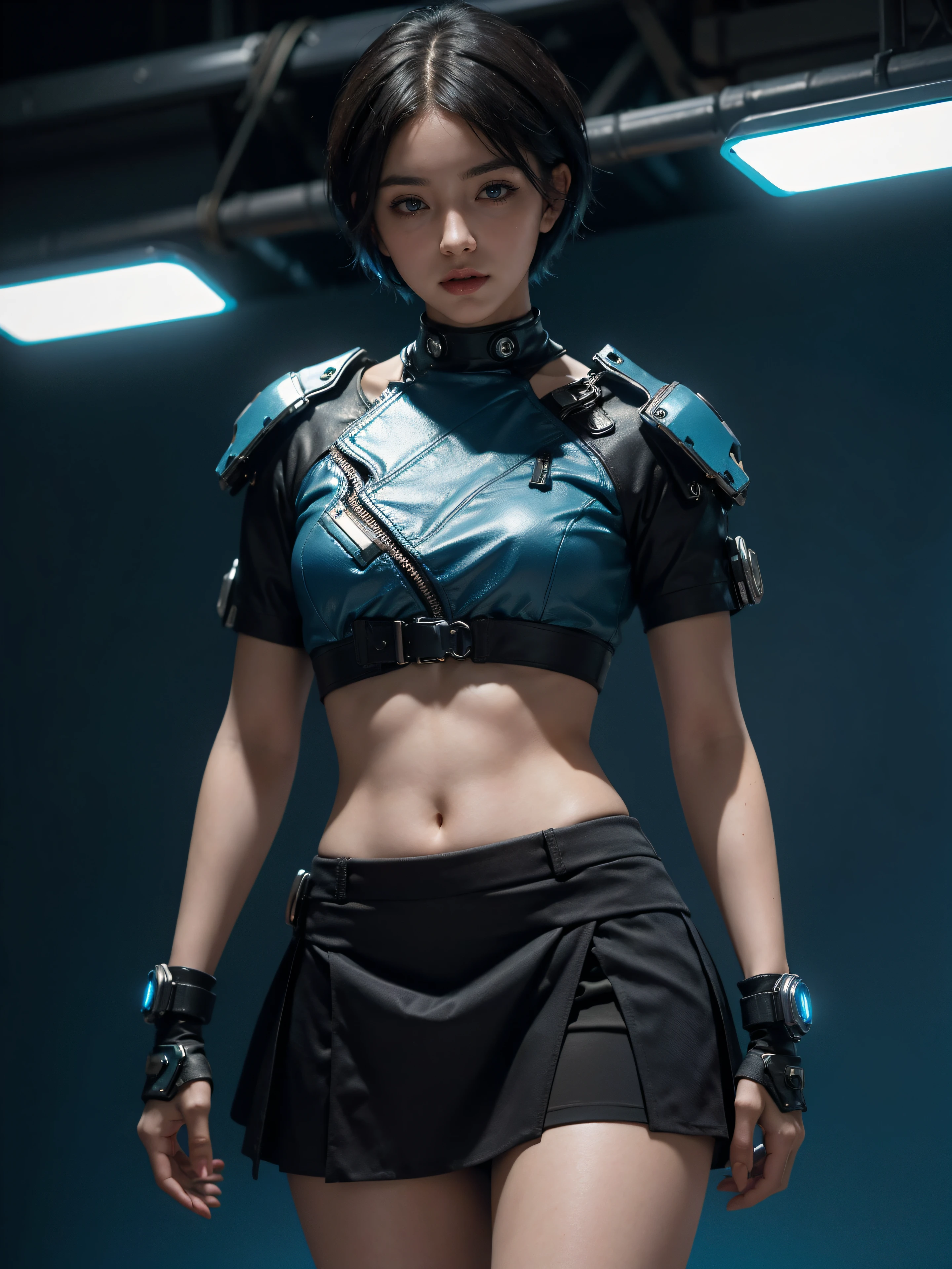 ((blue background)), (  short skirt, short hair ) 8K uhd, materpiece, a beautiful girl, detaild eye, good face, detaild eyebrow, beautiful outfit, lighting outfit, cyberpunk,  cyberpunk shining outfit, many color of lighting, whole body capture,