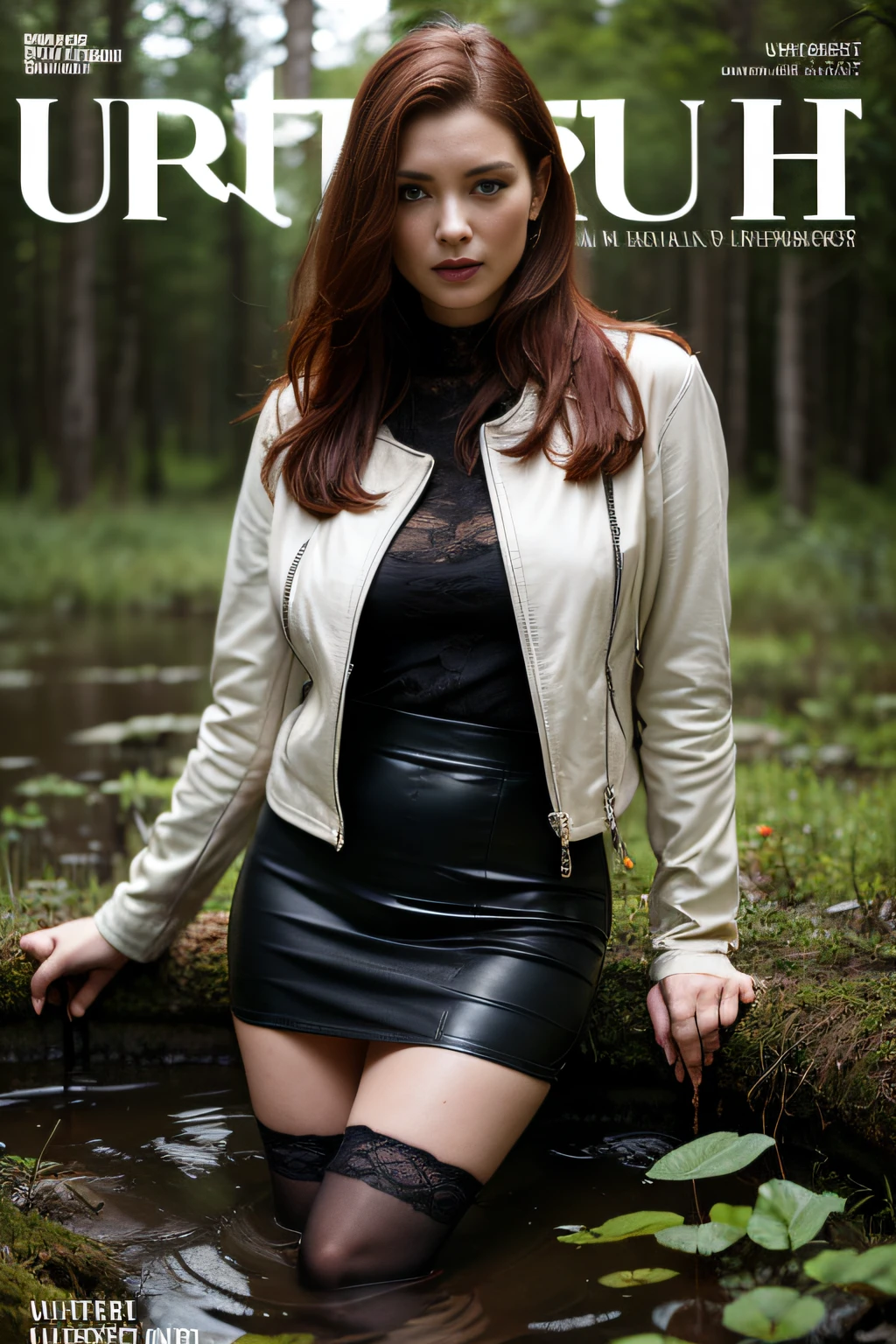 magazine cover, Hyper-realistic, ultradetailed, tmasterpiece. (Gloomy Forest:1.2). An old woman, (Tormented by lust:1.1), standingn, (drowning in a bog:1.2). pencil skirt, (lace stockings), leather jacket, (Pronounced wrinkles:1.3), Copper-red hair, Attention-grabbing , heading, stylish, font, memorable, heading, big, Sensation
