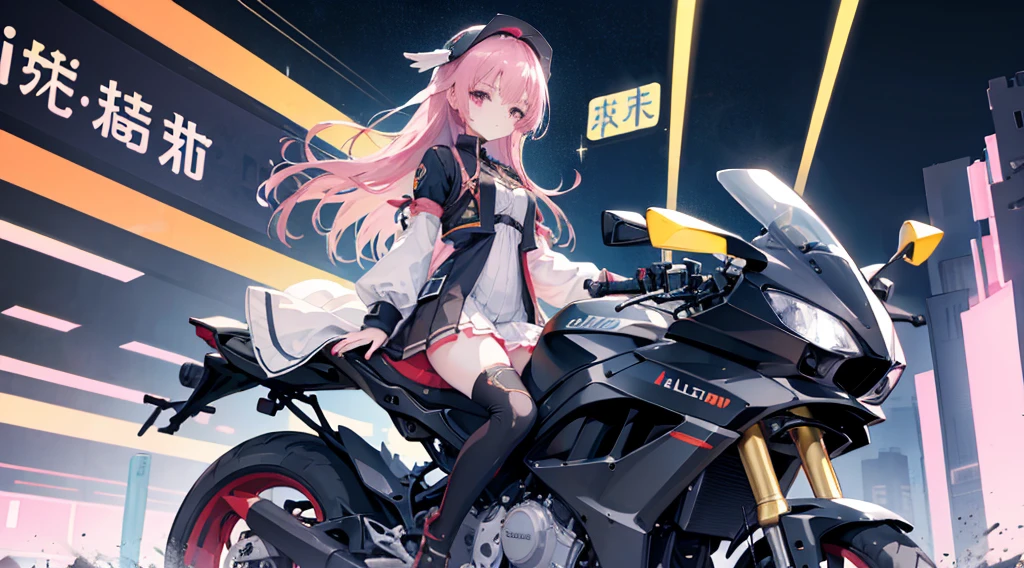 mitsukasa ayas，Highest image quality, excellent detail, 超高分辨率, (Fidelity: 1.4), The best illustrations, Offer details, Highly concentrated 1girl, Has a delicate and beautiful face, Dressed in a black and white mech, wearing a mech helmet, holding direction controller, riding motorcycles, The background is a high-tech light scene of the future city.