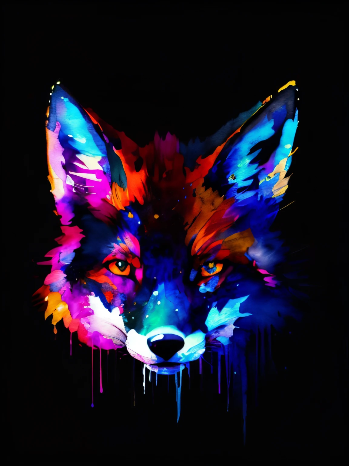 wtrcolor style, Digital art of a fox face, official art, masterpiece, Beautiful, ((watercolor)), paint splatter, intricate details. Highly detailed, detailed, [dripping:0.5], Trending on artstation, by Rachel Walker, looking like a real painting, centered, frontal, animal, vibrant colours, detailed eyes, paint dripping, black canvas, centered, brush strokes, looking straight in the camera, extra paint splatters, facing the front, a lot of paint dripping