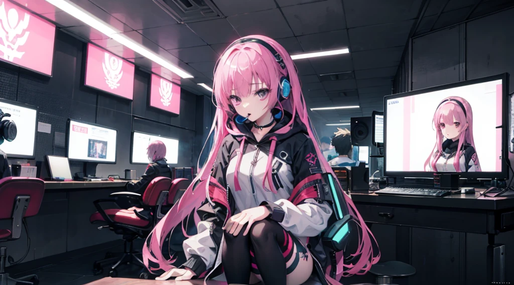 mitsukasa ayas cyberpunk, , Digital punk, Anime style 4k, Short-sleeved game suit,Pink Long Hair, computer room, Gaming headset overhead