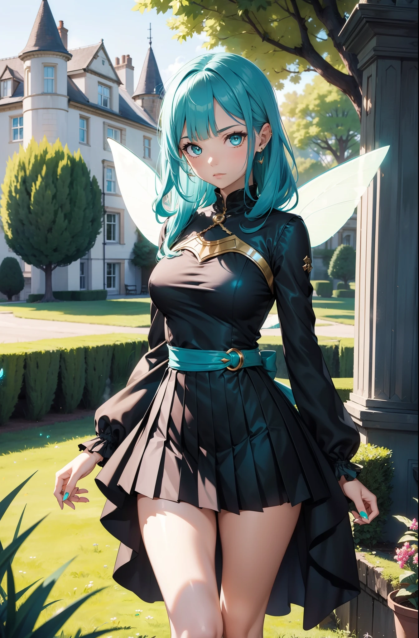(Best quality), (masterpiece), (ultra detail), A cute girl, highly detailed face, indifferent facial expression, teal crystal eyes, turquoise hair, full body, in the country side castle in England like , BREAK (black panty hose), ( one piece dress with short pleated skirt), (short skirt), (hourglass figure), BREAK (levitating), (has fairy wings on back), teal aura around body,