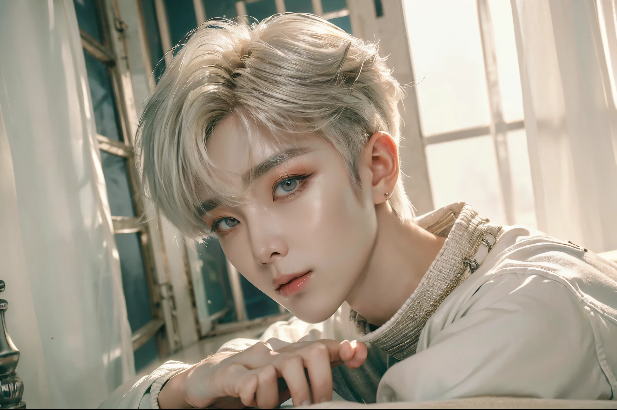 ((4K works))、​masterpiece、（top-quality)、((high-level image quality))、((One Manly Boy))、Slim body、((Attractive and sexy jeans fashion))、((Men's Fashion))、(Detailed beautiful eyes)、In a soundproof room、Record a song、Face similar to Chaewon in Ruseraphim、((short hair above the ears))、((Smaller face))、((Neutral face))、((White hair))、((Brown eyes))、((Korean boy))、((18year old))、((Handsome man))、((sings))、((Korean Makeup))、((elongated and sharp eyes))、((Like a celebrity))、Everyday photography、((Shot alone))、((Shot diagonally from the side))、((Upper body photography))、((Artist Photos))、((Model photo))