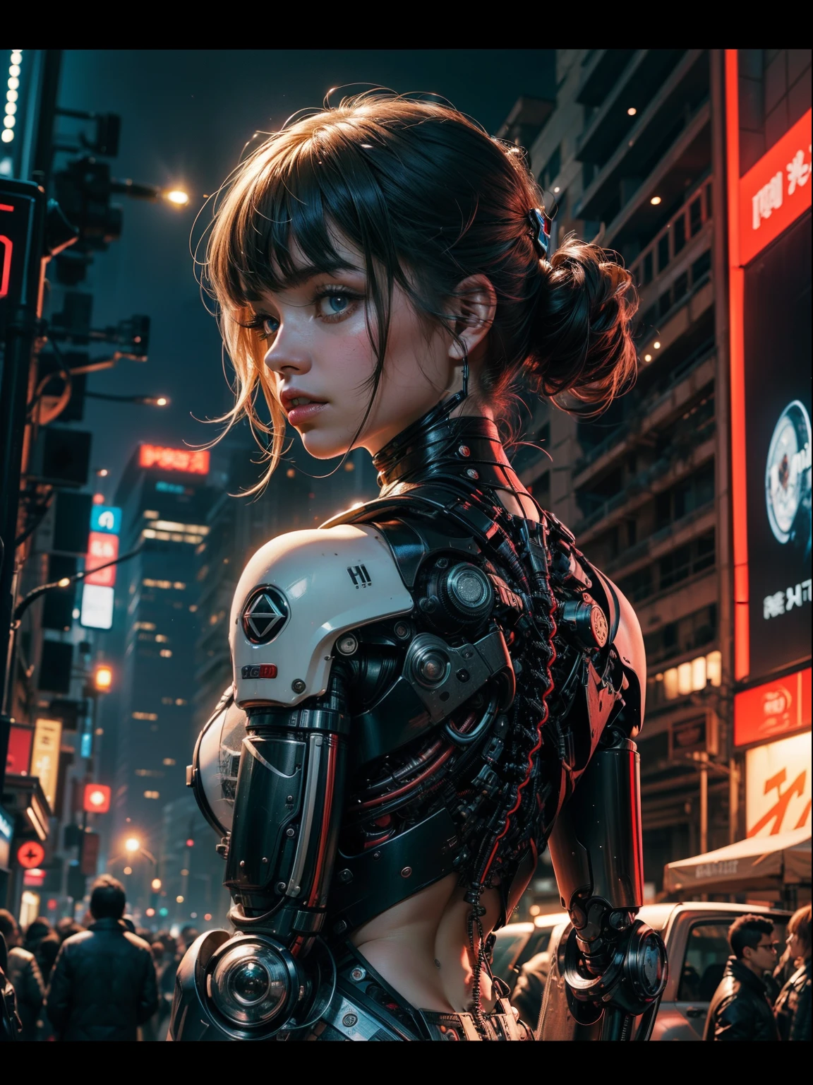 ((1 cyber girl in front of the camera)) (Mechanically made limbs:1.2),((mechanical limbs)),(Blood Vessels Attached to Tubes),(mechanical vertebra attaching to the back),((mechanical cervical attachment to the neck)),inexpresivo,(alambres y cables que se fijan al cuello:1.2),(alambres y cables en la cabeza:1.2),(Enfoque del personaje), ((Disparo de vaquero)), (Obra maestra), (((La mejor calidad))), ((Ultra detallado)), (Highly detailed CG illustration), ((un extremadamente delicado y hermoso)),Kinematic ,Science-Fiction,Extremadamente detallado,De color,highest detailed, Loongs,Fengs, Antecedentes de la ciudad cyberpunk.,luces de neon , pelo de colores, mucha robotica