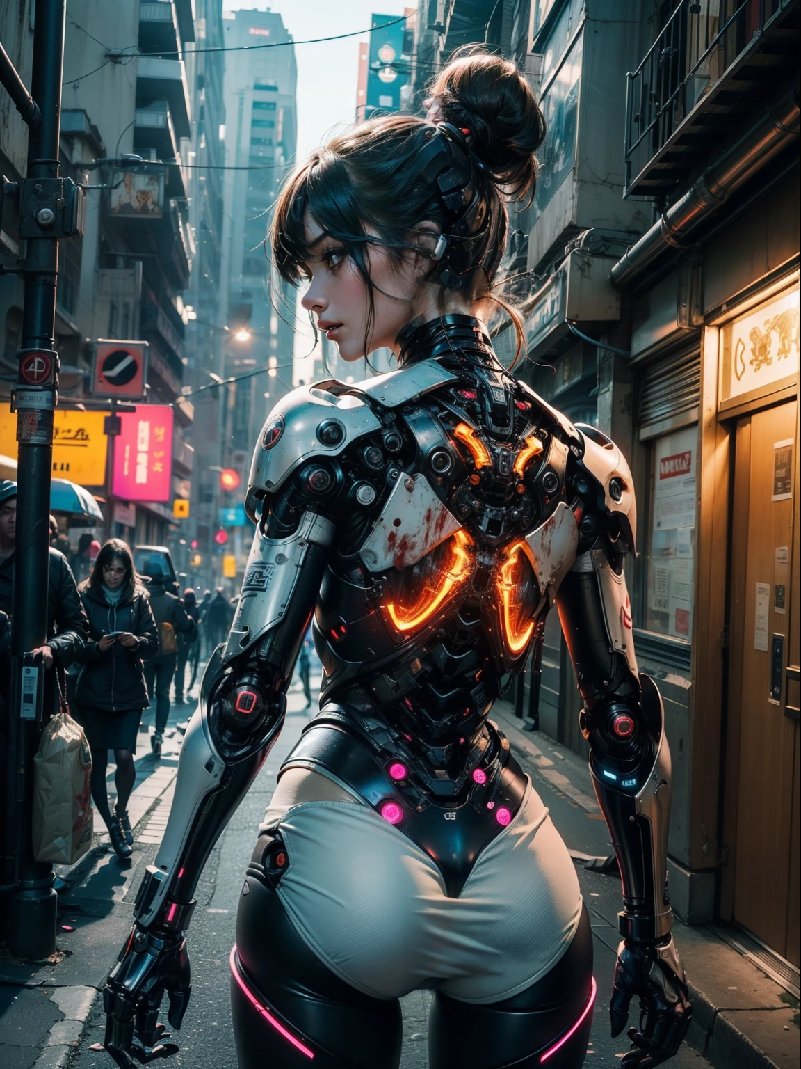 ((1 cyber girl in front of the camera)) (Mechanically made limbs:1.2),((mechanical limbs)),(Blood Vessels Attached to Tubes),(mechanical vertebra attaching to the back),((mechanical cervical attachment to the neck)),inexpresivo,(alambres y cables que se fijan al cuello:1.2),(alambres y cables en la cabeza:1.2),(Enfoque del personaje), ((Disparo de vaquero)), (Obra maestra), (((La mejor calidad))), ((Ultra detallado)), (Highly detailed CG illustration), ((un extremadamente delicado y hermoso)),Kinematic ,Science-Fiction,Extremadamente detallado,De color,highest detailed, Loongs,Fengs, Antecedentes de la ciudad cyberpunk.,luces de neon , pelo de colores, mucha robotica