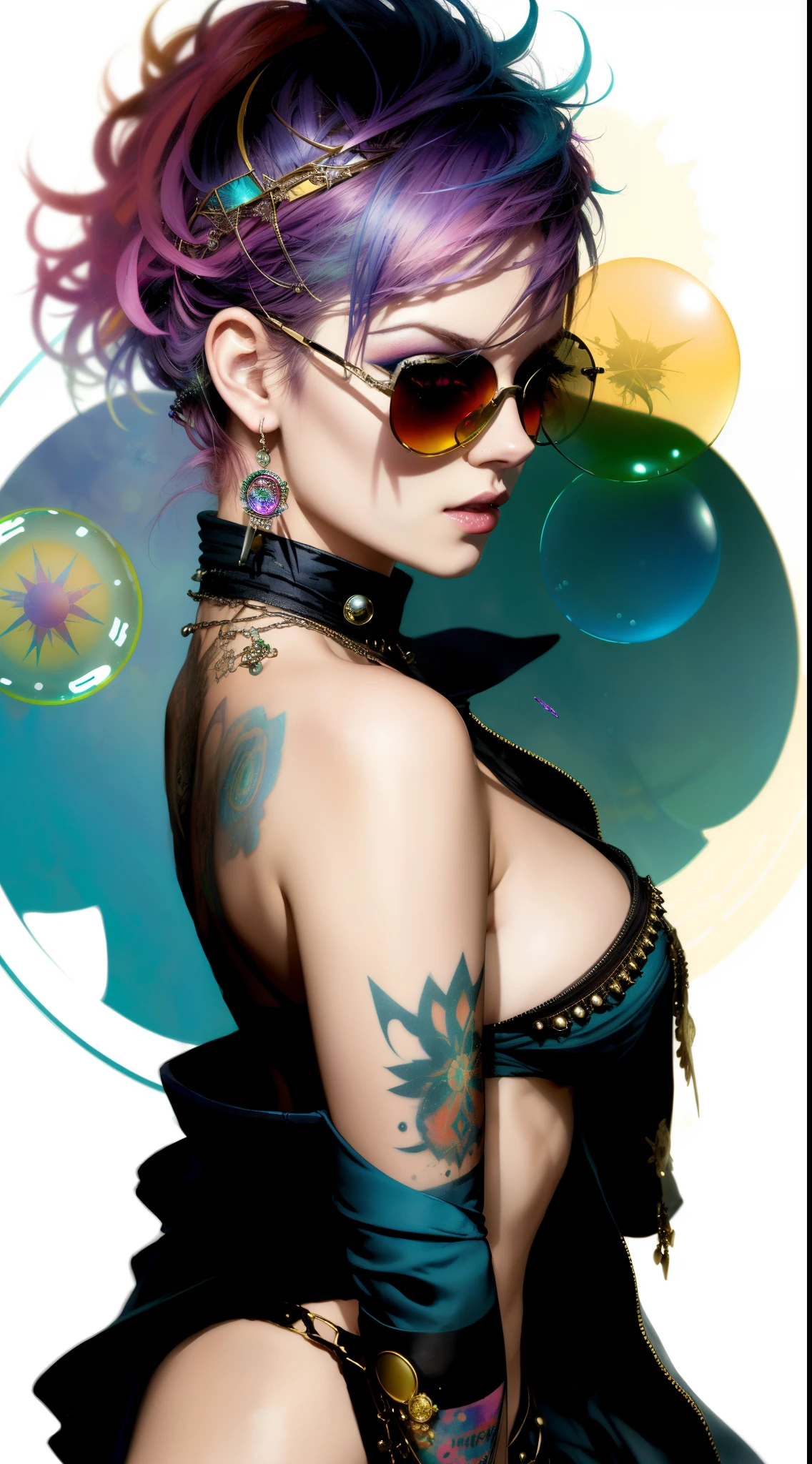 Style Snthwve Nvinkpunk Drunk Beautiful Woman as Sandman Delusion, (hallucinating colorful soap bubbles), por Jeremy Mann, Por Sandra Chevrier, por dave mckean e richard avedon e maciej kuciara, Punk rock, sun glasses, de regata, alto detalhado, 4k, RTX