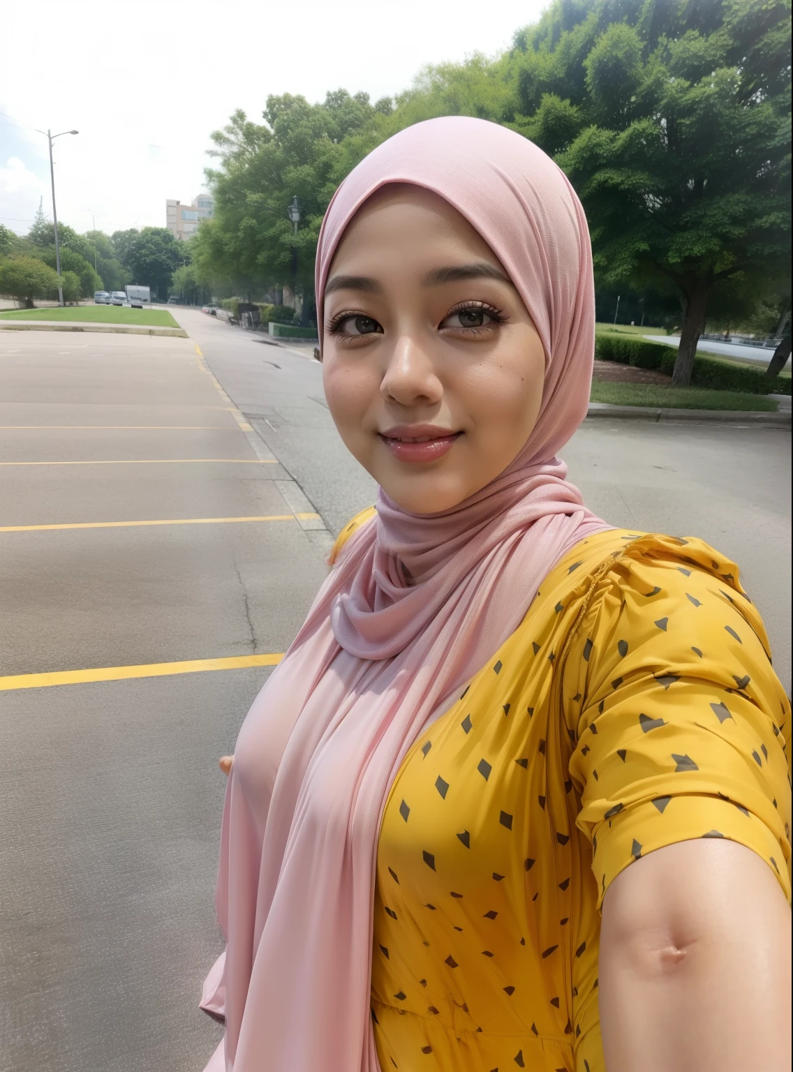 (64k, RAW photo, 1 matured malay girl with pink hijab, best quality, masterpiecel1.4), ((laying on a bed)), (realistic, photo-realistic:1.37), ((upper body poses)), photo of a women in pink hijab, (lighting), ((perfect-breasted:1.2)), ((seductive poses)), ((chubby body)), ((smirk)), ((sexy pink dress))