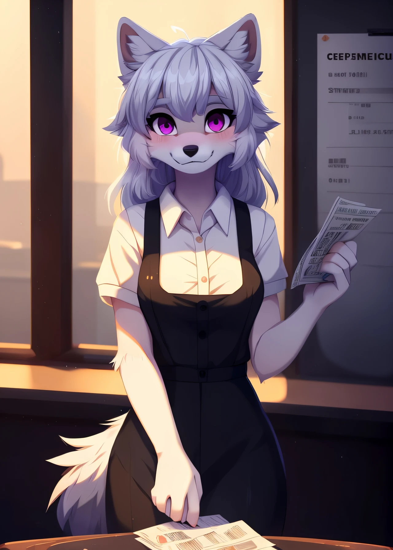 uploaded on e621, (by Studio Ghibli, by Kemokin Mania, by Reysi, by Mewgle, by Trevart:1.25), Naomi, white anthro wolf girl, wearing waiters uniform, white button up shirt, black apron, black pants, holding notepad, in a fancy restaurant
(front view, three-quarter portrait, looking at viewer, handing viewer a receipt:1.3), blushing,
masterpiece, best quality, 4k, 2k, shaded, (unreal engine:1.25), absurd res