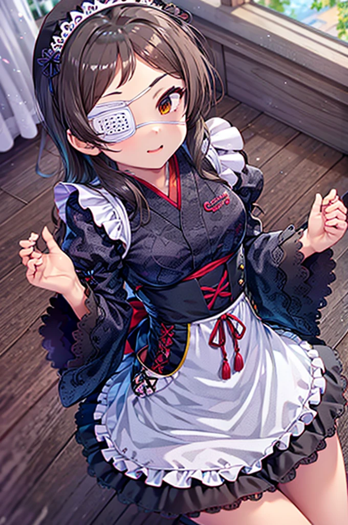 best quality, masterpiece, 1girl, (solo:1.1), wide hips, spread legs, looking at viewer, KitazawaEyepatch, eyepatch, wa maid, maid headdress, maid apron, japanese clothes