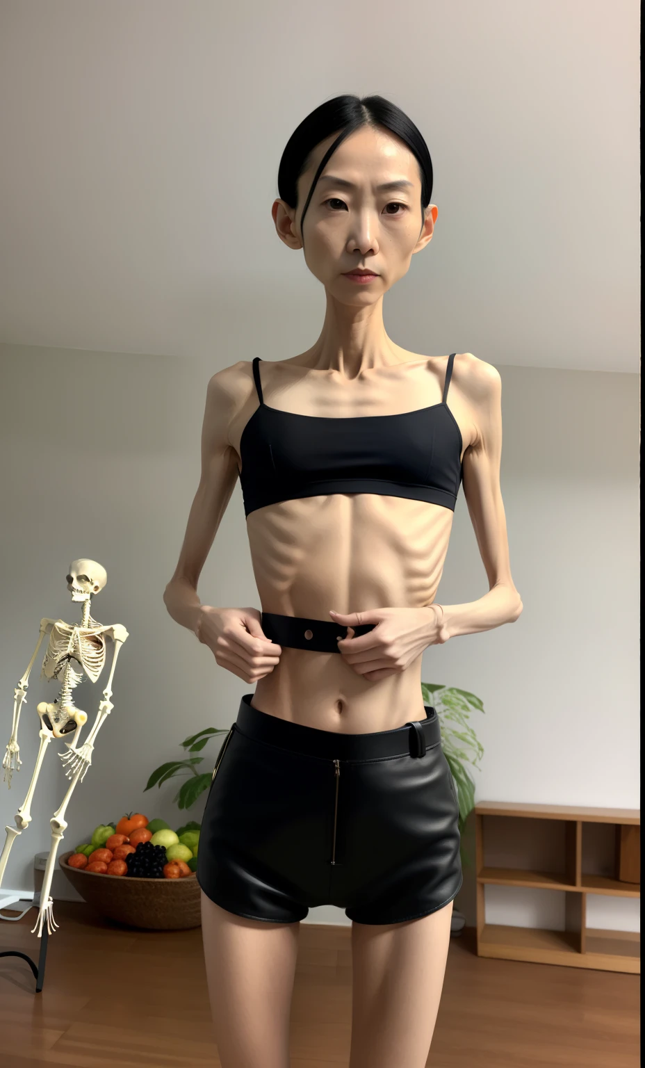 Very thin man，A thin body，Protruding sternum，The waist is very thin，The ribs are noticeable，Protruding ribs，The pelvic protrusion is very obvious，The pelvis is markedly elevated，Legs are just skin and bones，Fair skin，thin shoulde，The waist is very thin，Sunken abdomen，Delicate arms，hunger，sunken lower abdomen，Short hair details，Wear tight leather pants，Asia face，The waist is particularly thin，Cross your hands at your waist，angry look，weeping，Excessive weight loss，The face is sunken and thin，Severe malnutrition，hunger，Belt tightens the abdomen，cowardly man