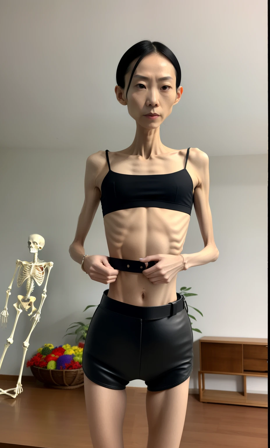 Photograph of an anorexic emaciated extremely skinny Malaysian female model, show full height of model from toes up, she is sitting on the carpet, her legs are spread open, wide black neck choker 12 inches wide, show breasts, show legs, big smile, teeth are showing, small sized breasts, white underwear, blonde long hair, large hoop earings, bright red lipstick, incredibly skinny body, extremely skinny body, emaciated body, tiniest waist ever, well-defined collar bones, well-defined hip bones, well-defined ribcage, extremely skinny arms and legs, weak and fragile body, masterpiece, anatomically correct, textured skin, super detail, high details, high quality, best quality.