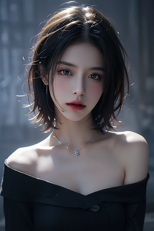 Best quality, masterpiece, ultra high res, (photorealistic:1.5), raw photo, 1girl, offshoulder, in the dark, deep shadow, low key, cold light, sexy look, short hair