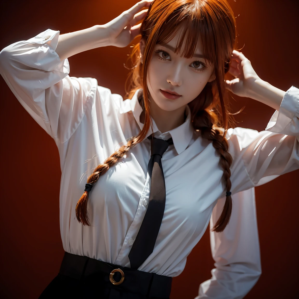 makima (chainsaw man), best quality, ultra detailed, 1girl, solo, standing, red hair, long braided hair, golden eyes, bangs, medium breasts, white shirt, necktie, stare, smile, (evil:1.2), looking at viewer, (interview:1.3), (dark background), from below, sharp contrast , gorgeous detailed eyes, focus , close up shot , glowing orange eyes,front view