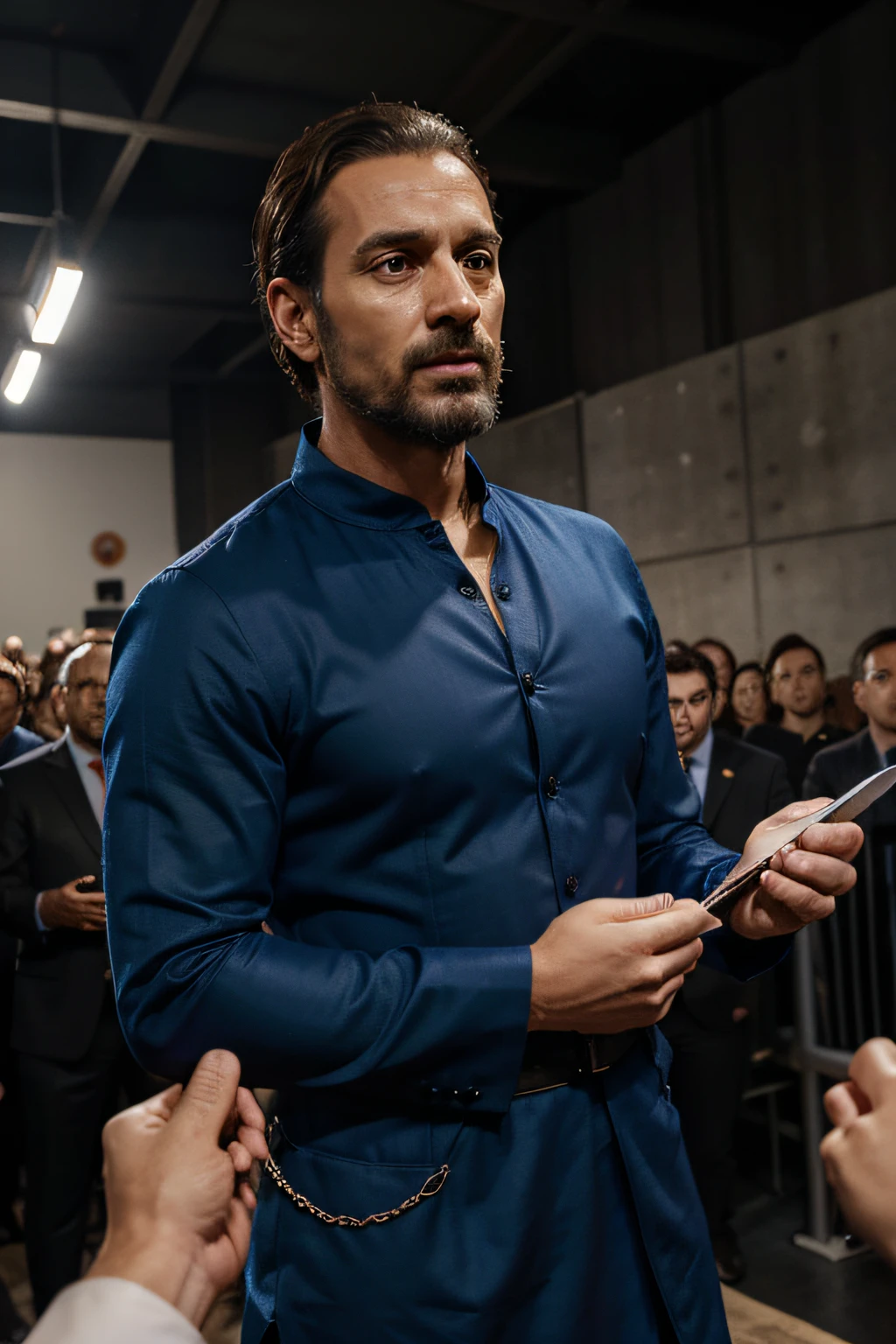 homem vestido de terno, Realstic, , olhando para uma plateia ao fundo, full of people and announces that he is going to tell a story, realistic --v 4 --s 750