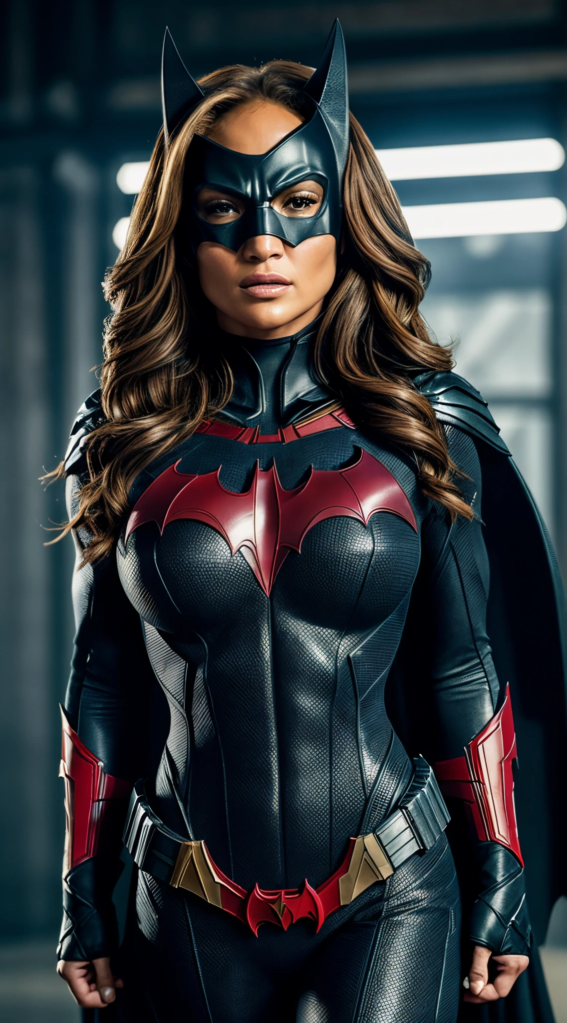 Jennifer Lopez as Batwoman, 1female, body Closeup, wearing Batman armour, sexy costume, DC Universe, DC cinematic universe, dynamic pose, Batwoman outfits, muscles beauty, heroic look, athletic build, tight costume, very beautiful, sexy, Big natural breast, cleavage, erotic costumes, Mature, milf, Full body shot, body close up, symmetrical, perfect face and body, 4k, high-res, masterpiece, best quality, sharp focus, (cinematic lighting), detailed face, detailed eyes, Solo woman,