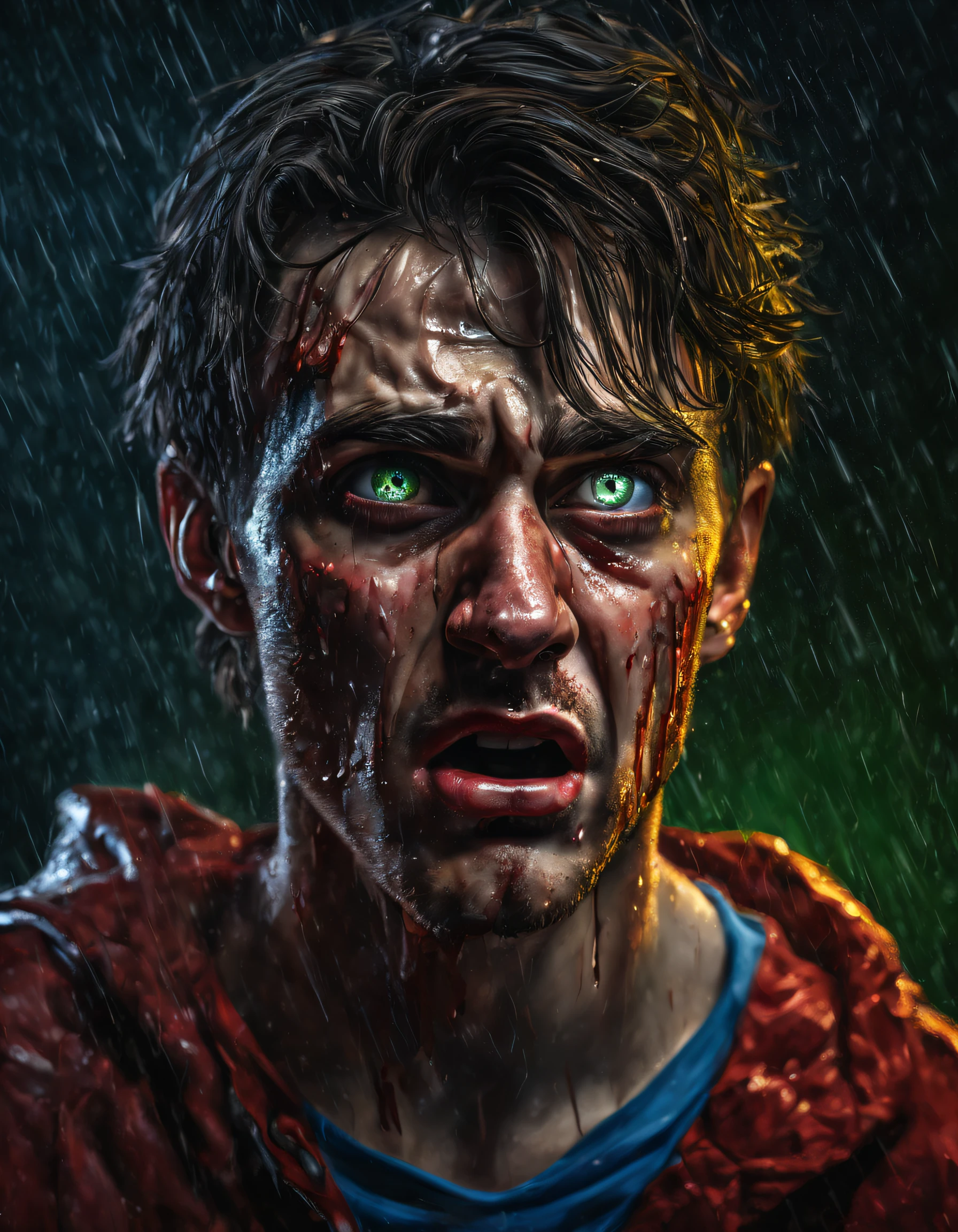 Stable Diffusion prompt: highly detailed, professional lighting, colorful details, iridescent colors, a man with large green eyes shedding tears of blood, open mouth screaming, best quality,realistic portrait,red-skinned man with blue teary eyes,open mouth screaming,sharp focus,intense emotions,detailed facial features,long lashes,tears streaming down face,unusual skin tone,vivid colors,emotional expression,wet eyes,expression of pain and despair,dramatic lighting