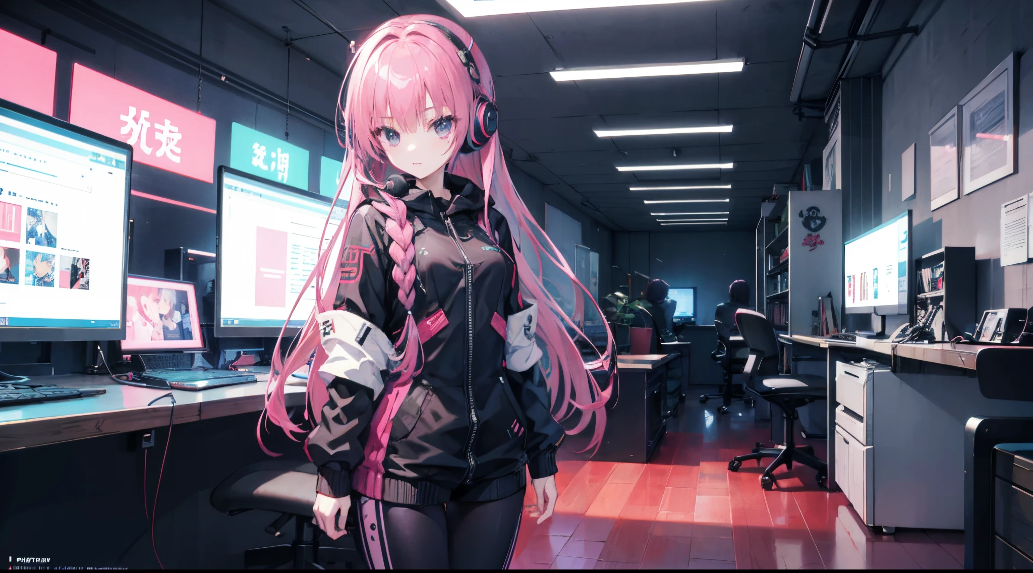 mitsukasa ayas cyberpunk, , Digital punk, Anime style 4k, Short-sleeved game suit,Pink Long Hair, computer room, Gaming headset overhead