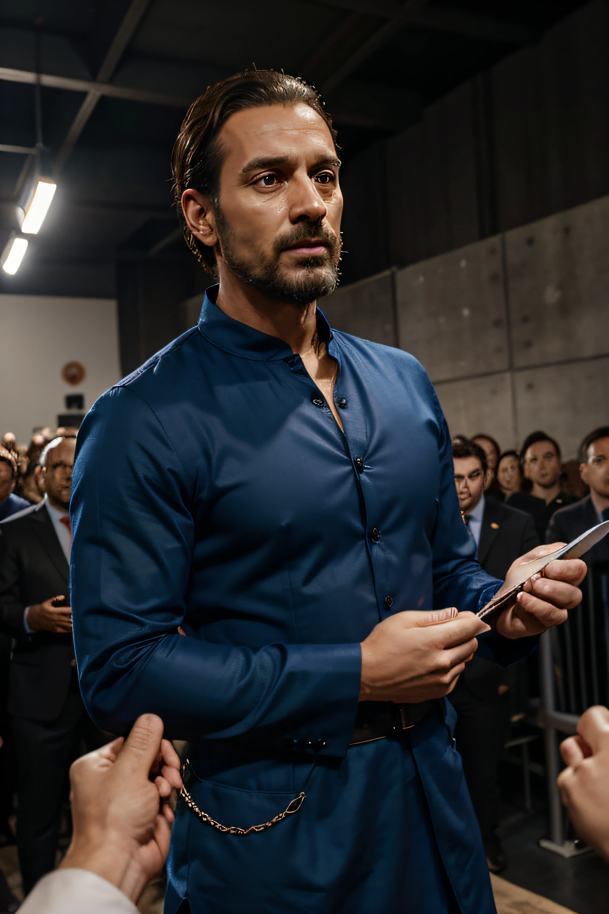 homem vestido de terno, Realstic, , olhando para uma plateia ao fundo, full of people and announces that he is going to tell a story, realistic --v 4 --s 750