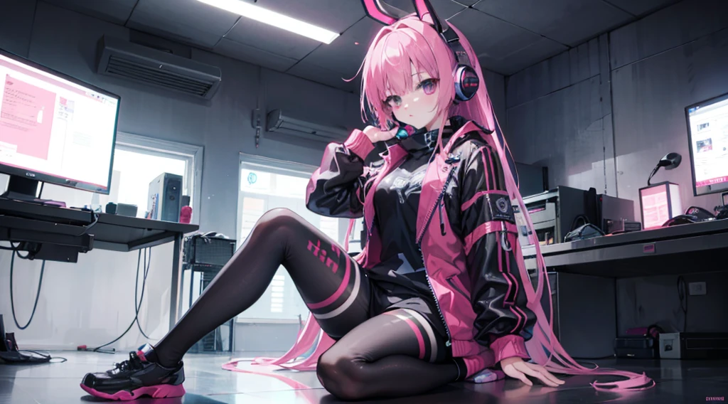 mitsukasa ayas cyberpunk, , Digital punk, Anime style 4k, Short-sleeved game suit,Pink Long Hair, computer room, Gaming headset overhead,black pantyhoses