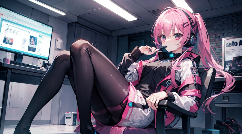 mitsukasa ayas cyberpunk, , Digital punk, Anime style 4k, Short-sleeved game suit,Pink Long Hair, computer room, Gaming headset overhead,black pantyhoses