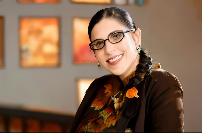 smiling woman with glasses and a flower in her hair, Betty feia, Roxie Vizcarra, Elizabete Saltzman, Retrato de Kim Wexler, Imagem promocional, Retrato de um curador de arte de um museu, Woman with braided brown hair, Nancy Grossman, Faridah Malik, Pilar Gogar, inspired by Verónica Ruiz de Velasco, yael shelbia