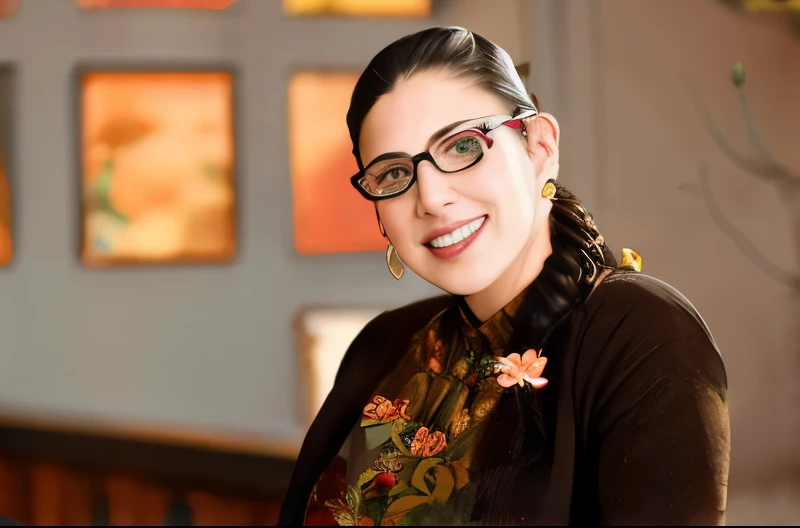smiling woman with glasses and a flower in her hair, Betty feia, Roxie Vizcarra, Elizabete Saltzman, Retrato de Kim Wexler, Imagem promocional, Retrato de um curador de arte de um museu, Woman with braided brown hair, Nancy Grossman, Faridah Malik, Pilar Gogar, inspired by Verónica Ruiz de Velasco, yael shelbia