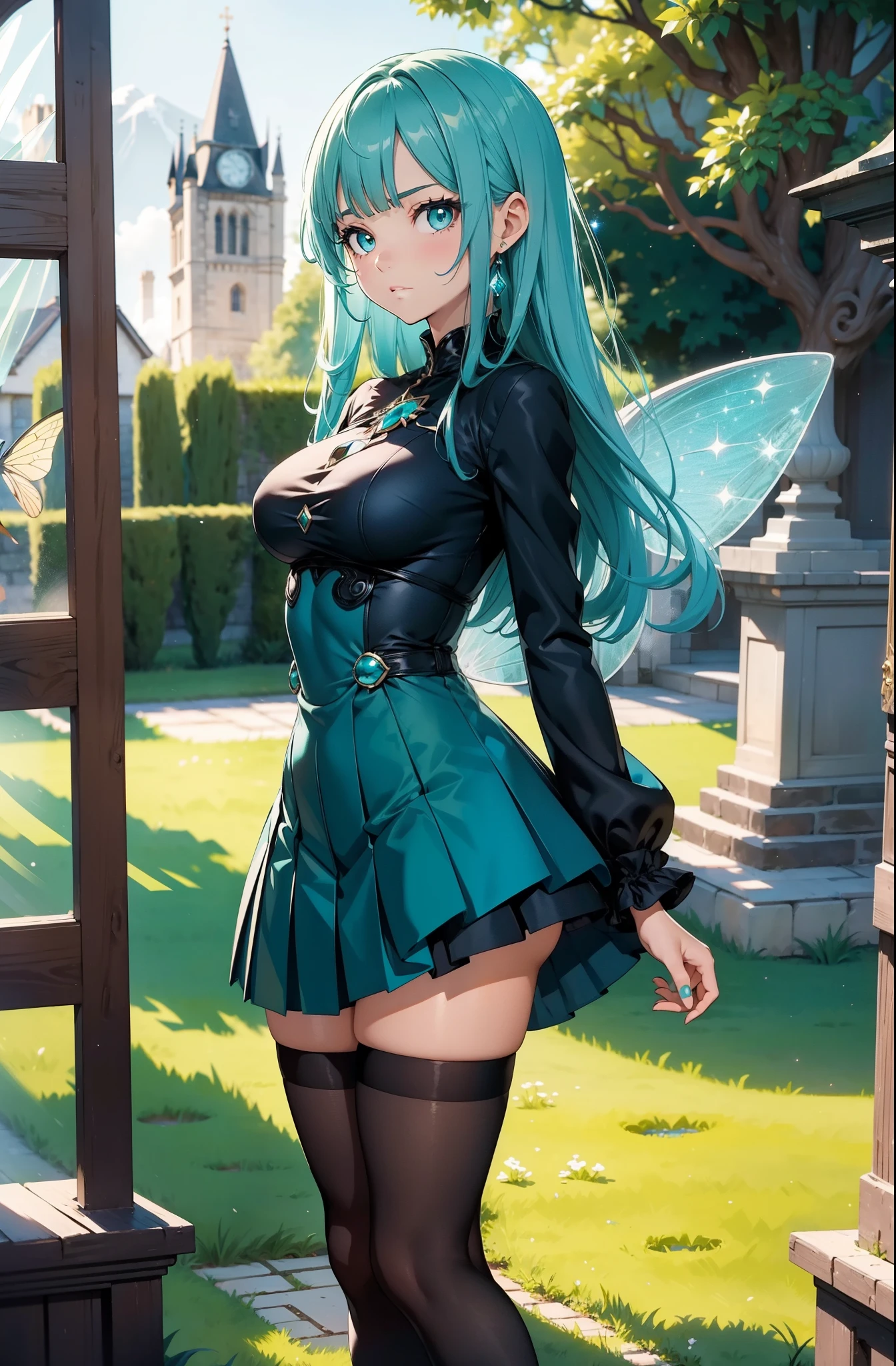 (Best quality), (masterpiece), (ultra detail), A cute girl, highly detailed face, indifferent facial expression, teal crystal eyes, turquoise hair, full body, in the country side castle in England like , BREAK black tights, ( one piece dress with short pleated skirt), (short skirt),  (hourglass figure), BREAK (levitating), (has fairy wings on back), (teal aura around body)