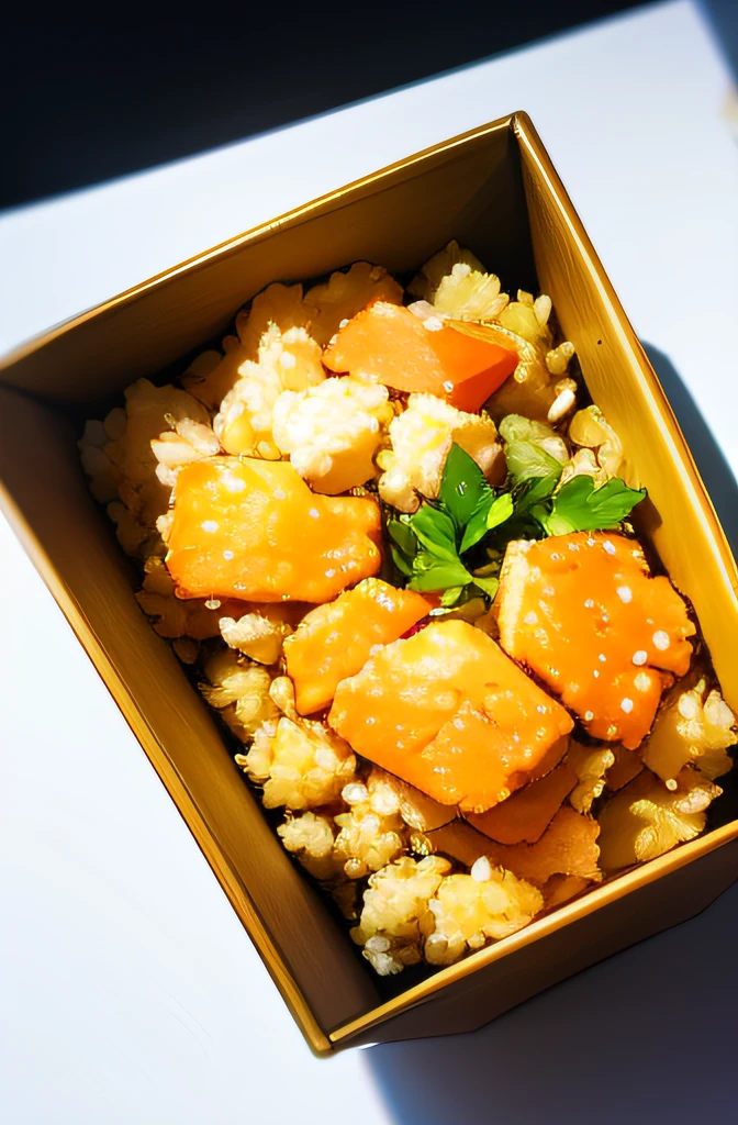 A ricebox overflowing with rice and golden nuggets on it, (masterpiece:1.2), illustration, high detail, soft lighting, delicious, tasteful, aesthetically pleasing, studio lighting, trending, isometric view, middle and center, heartfelt satisfaction, inviting ambiance, culinary craftsmanship, gourmet experience, blissful enjoyment, culinary artistry, gastronomic masterpiece,