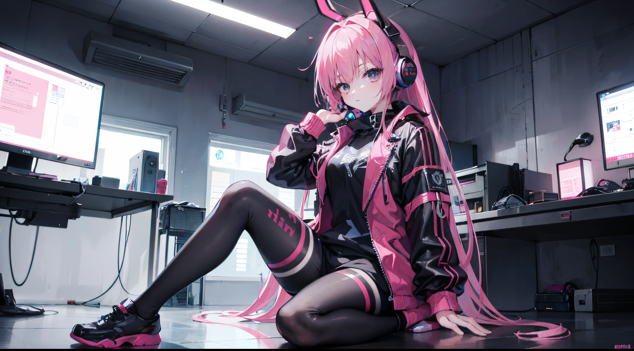 mitsukasa ayas cyberpunk, , Digital punk, Anime style 4k, Short-sleeved game suit,Pink Long Hair, computer room, Gaming headset overhead，black pantyhoses