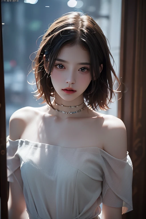 top-quality、​masterpiece、超A high resolution、(Photorealsitic:1.5)、Raw foto、1girl in、off shoulders、murky、deep-shadows、Unobtrusive、cold light、sexy appearance、shorth hair、(thin lipss:1.2)