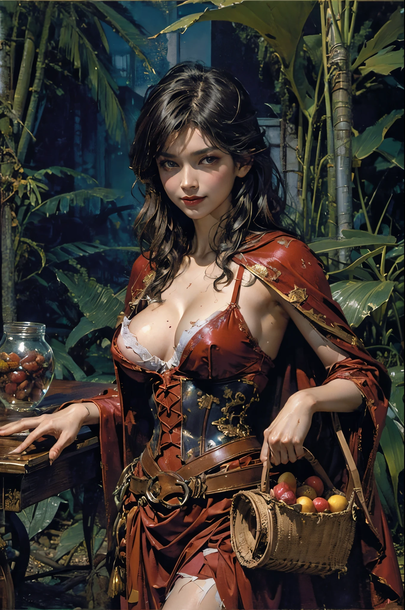 Photo of little girl living with wolf，Now leading them to fight，(Clothes are torn and exposed :1.4)，Expose tiny underwear， red capelet，red red hood，laced dress，redhood, capes, Big breasts corset, a skirt, reddress，Carrying a basket of fruits，Background with：exteriors，natural  lightting, Candy   House，a fairy world，the dark forest，Wooden house in the distance，Huge wolf head on rough wooden table，Glass jars filled with candy,  whimsical world, 8K, k hd, 详细的脸, 詳細な目，hyper realisitc, + Cinema lenses + dynamic compositions, Huge beasts，Mature female figure, slim toned body,mediuml breasts,Sweated,Wet hair,(very delicate beautiful),Contour deepening, realistically, Precise geometry, Complicated details, Smiling,From the bottom up， Close-up cleavage,Charming and sexy legs，((Sexual suggestiveness)),seductiv,(post-Impressionist),,(Fechin Oil Painting - Fechin Oil Painting , oil painted), 03