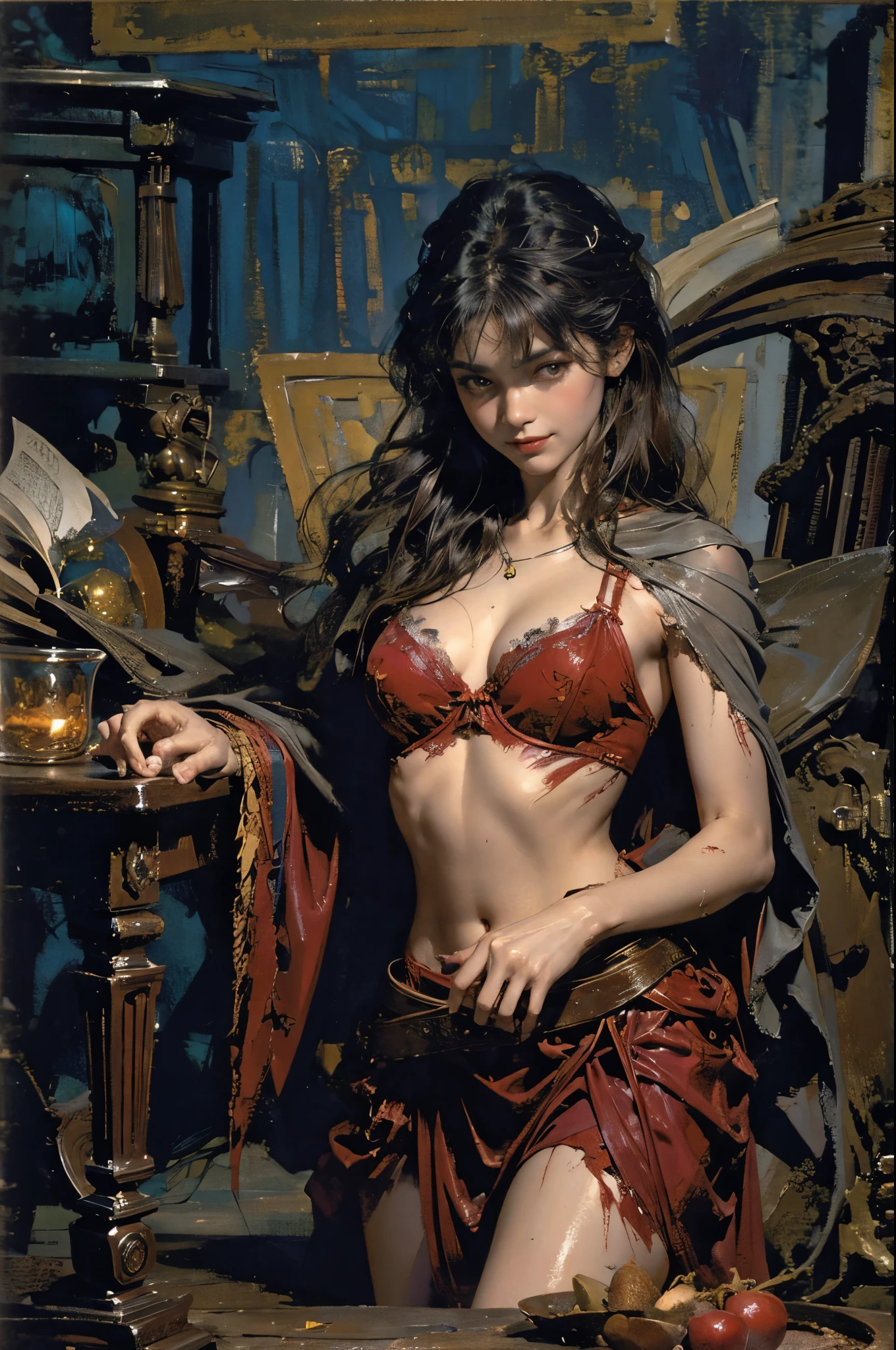 Photo of girl living with wolf,Now leading them to fight,(Clothes are torn and exposed :1.4),Expose tiny underwear, red capelet,red red hood,laced dress,redhood, capes, Big breasts corset, a skirt, reddress,Carrying a basket of fruits,Background with:exteriors,natural lightting, Candy House,a fairy world,the dark forest,Wooden house in the distance,Huge wolf head on rough wooden table,Glass jars filled with candy, whimsical world, 8K, k hd, 详细的脸, 詳細な目,hyper realisitc, + Cinema lenses + dynamic compositions, Huge beasts,Mature female figure, slim toned body,mediuml breasts,Sweated,Wet hair,(very delicate beautiful),Contour deepening, realistically, Precise geometry, Complicated details, Smiling,From the bottom up, Close-up cleavage,Charming and sexy legs,((Sexual suggestiveness)),seductiv,(post-Impressionist),,(Fechin Oil Painting - Fechin Oil Painting , oil painted), 03