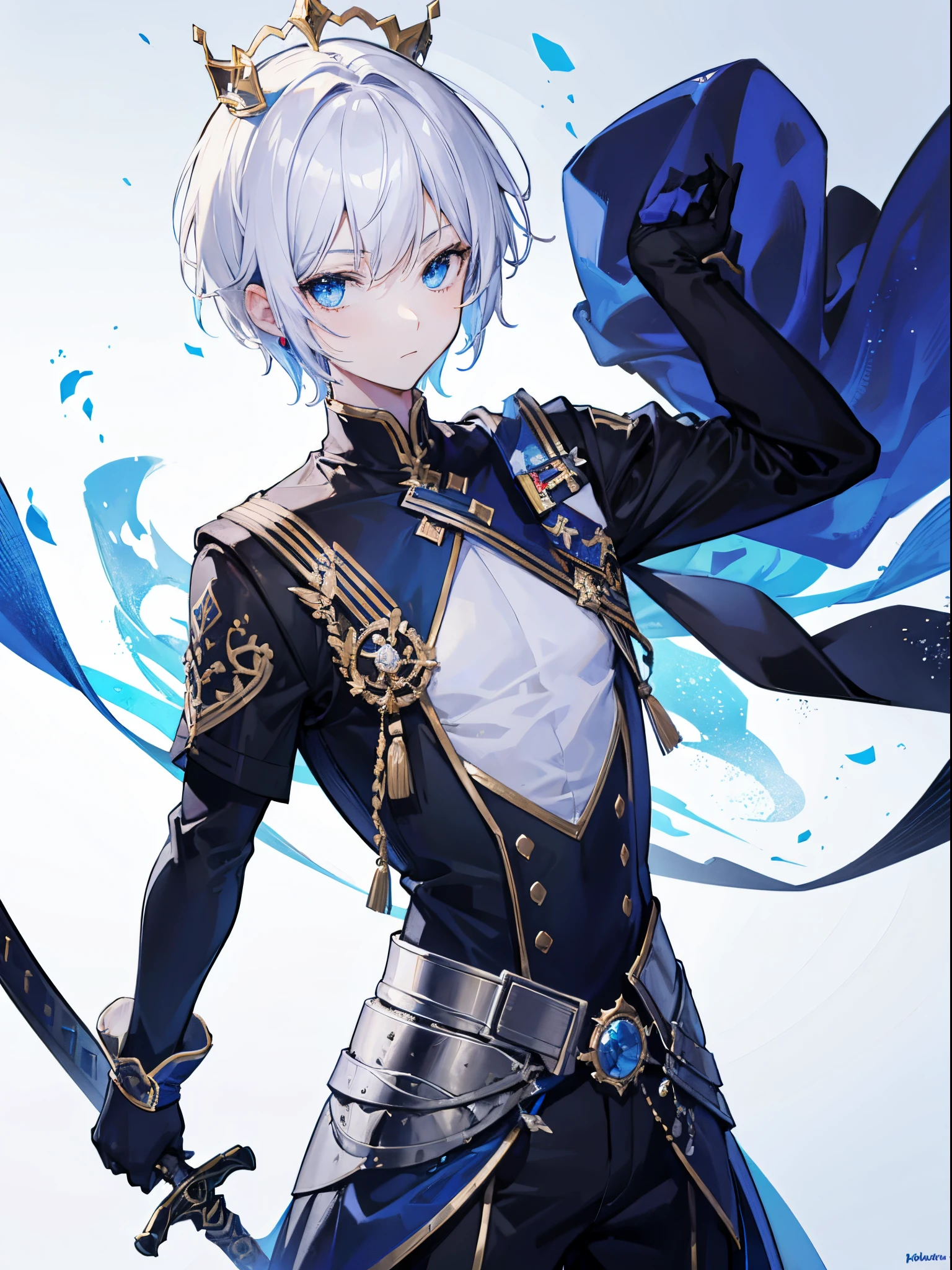 guy, male, man, white short hair, blue eyes, black clothes, sword, crown