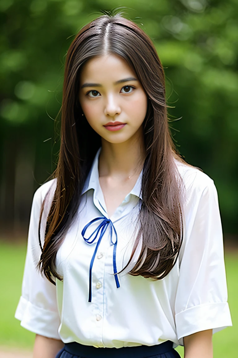 ((1girl in:2)), ((1screen)), 8K, RAW shot, of the highest quality, masutepiece, photos realistic, ((Anatomically correct proportions: 1.5)), Detailed face, Detailed eyes, Detailed fingers, Detailed skin, Detailed legs, short torso、huge tit、16-year-old schoolgirl、((I'm standing in the schoolyard when it's raining heavily:1.2))、((wet uniform blouse:1.2))、((Wet uniform skirt:1.2))、(Wet and glowing skin:1.5)、((Blouse that gets wet and sticks to the skin:1.2))、(Wet hair:1.2)、(blouse with ribbon around the neck:1.2)、(Soaking wet body:1.5)