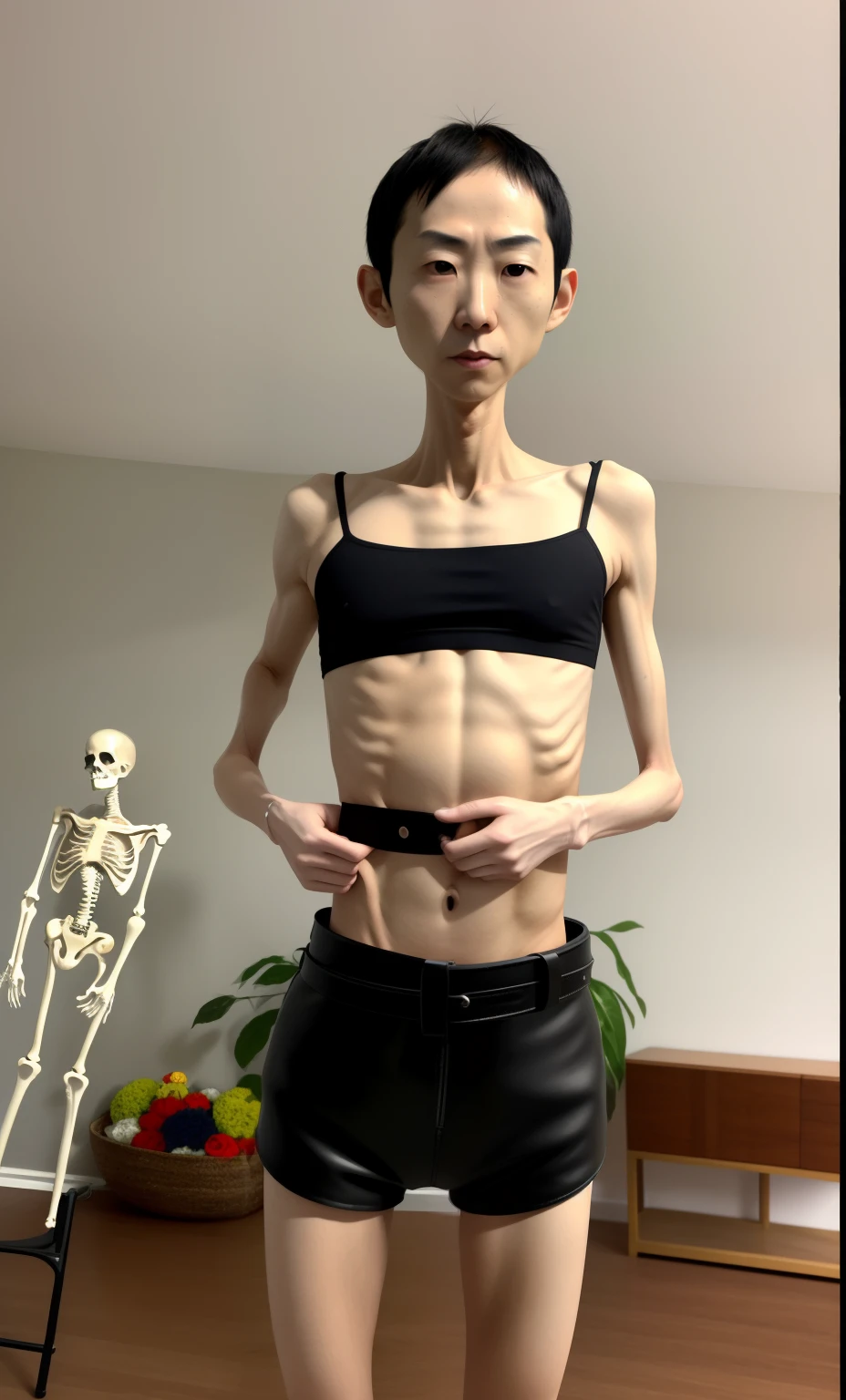 Very thin young male，A thin body，Protruding sternum，The waist is very thin，The ribs are noticeable，Protruding ribs，The pelvic protrusion is very obvious，The pelvis is markedly elevated，Legs are just skin and bones，White skin of the，thin shoulde，The waist is very thin，Sunken abdomen，Delicate arms，hunger，The lower abdomen is depressed，Short hair details，Wear tight leather pants，Asia face，The waist is particularly thin，Cross your hands at your waist，angry look，weeping，Excessive weight loss，The face is sunken and thin，Severe malnutrition，hunger，Belt tightens the abdomen，timid man