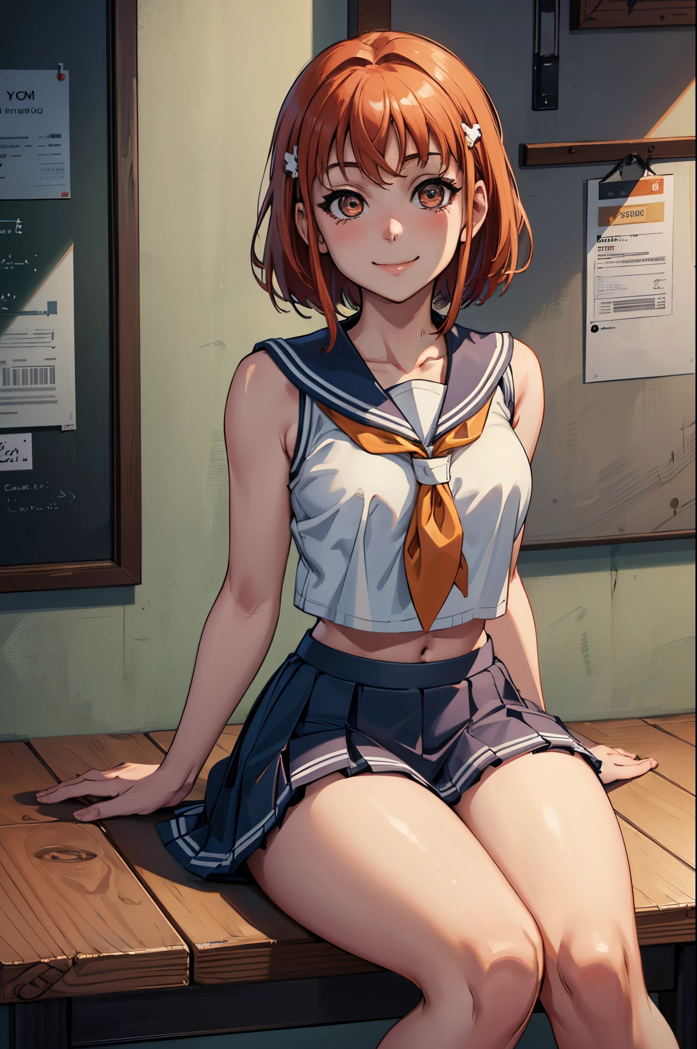 (best quality,4k,8k,highres,masterpiece:1.2), ultra-detailed, on knees, sitting,arms behind back,takami chika, sailor top, school skirt, midriff,  slightly excited and smile, sleeveless, thighs, cowboy shot