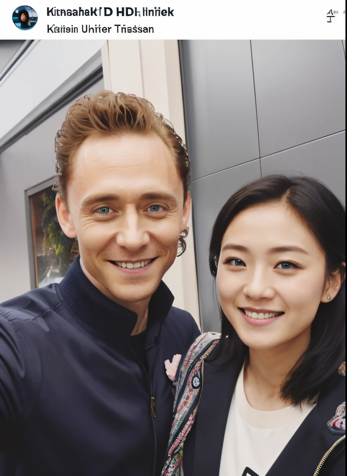 (Best quality, 8k, 32k, Masterpiece, UHD:1.2) Tom Hiddleston with a Japanese age Fan Girl, smiling and posing for a selfie