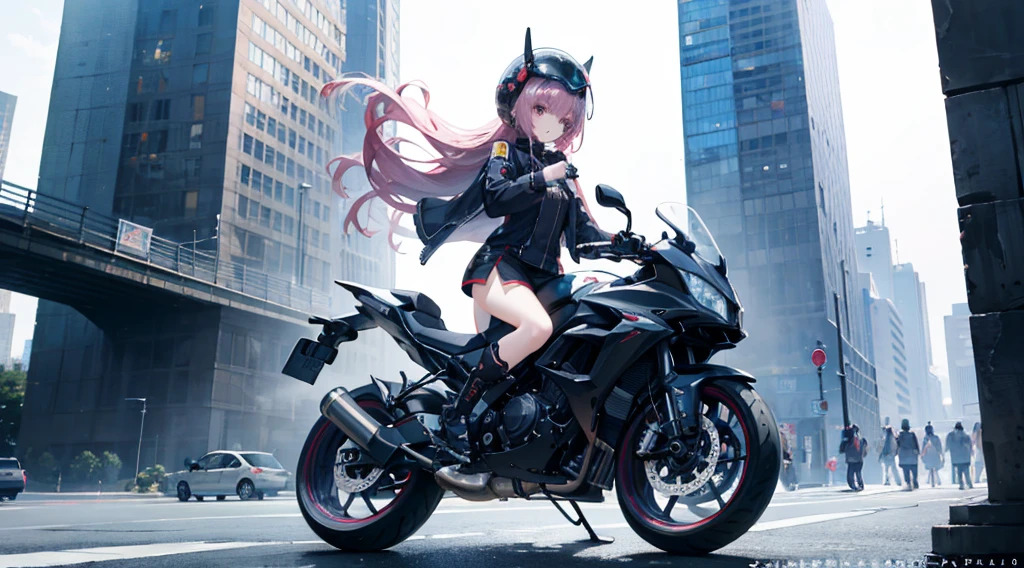 mitsukasa ayas,Highest image quality, excellent detail, 超高分辨率, (Fidelity: 1.4), The best illustrations, Offer details, Highly concentrated 1girl, Has a delicate and beautiful face, Dressed in a black and white mech, wearing a mech helmet, holding direction controller, riding motorcycles, The background is a high-tech light scene of the future city.urban backdrop,in the parking lot