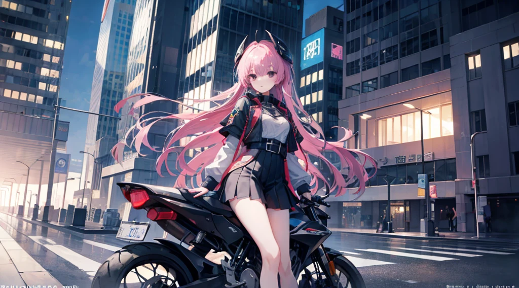 mitsukasa ayas,Highest image quality, excellent detail, 超高分辨率, (Fidelity: 1.4), The best illustrations, Offer details, Highly concentrated 1girl, Has a delicate and beautiful face, Dressed in a black and white mech, wearing a mech helmet, holding direction controller, riding motorcycles, The background is a high-tech light scene of the future city.urban backdrop,in the parking lot