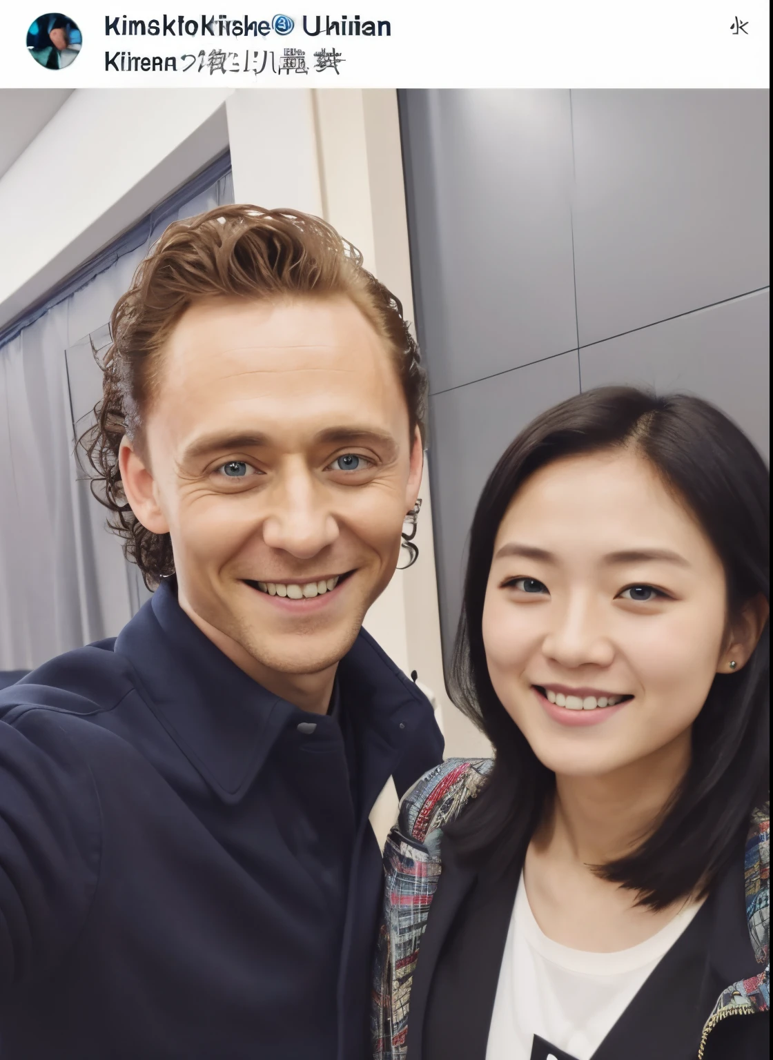 (Best quality, 8k, 32k, Masterpiece, UHD:1.2) Tom Hiddleston with a Japanese Teenage Fan Girl, smiling and posing for a selfie