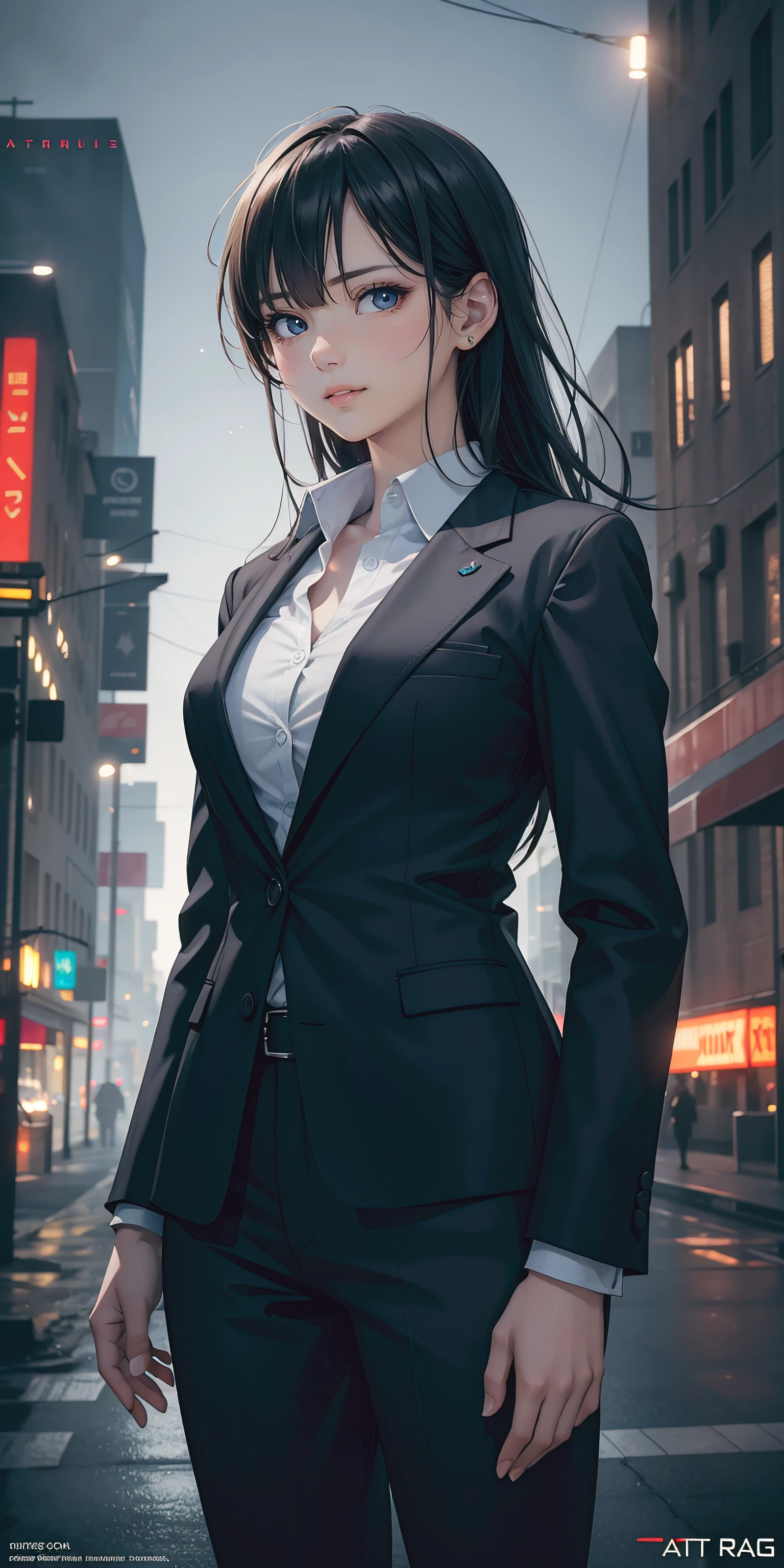 16K, HDR, RTX, raytracing, natural lighting, absurdres, best qaulity masterpiece, perfect anatomy highly detailed face, detailed eyes, 1girl, solo, wearing a business suit, shirt, top button open, beautiful hair, extreme beautiful, edgy, cool, evil aura, windy, glowing eyes, serious expressions, dystopian city, futuristic, detailed background, award winning, neon lights, trending on art station