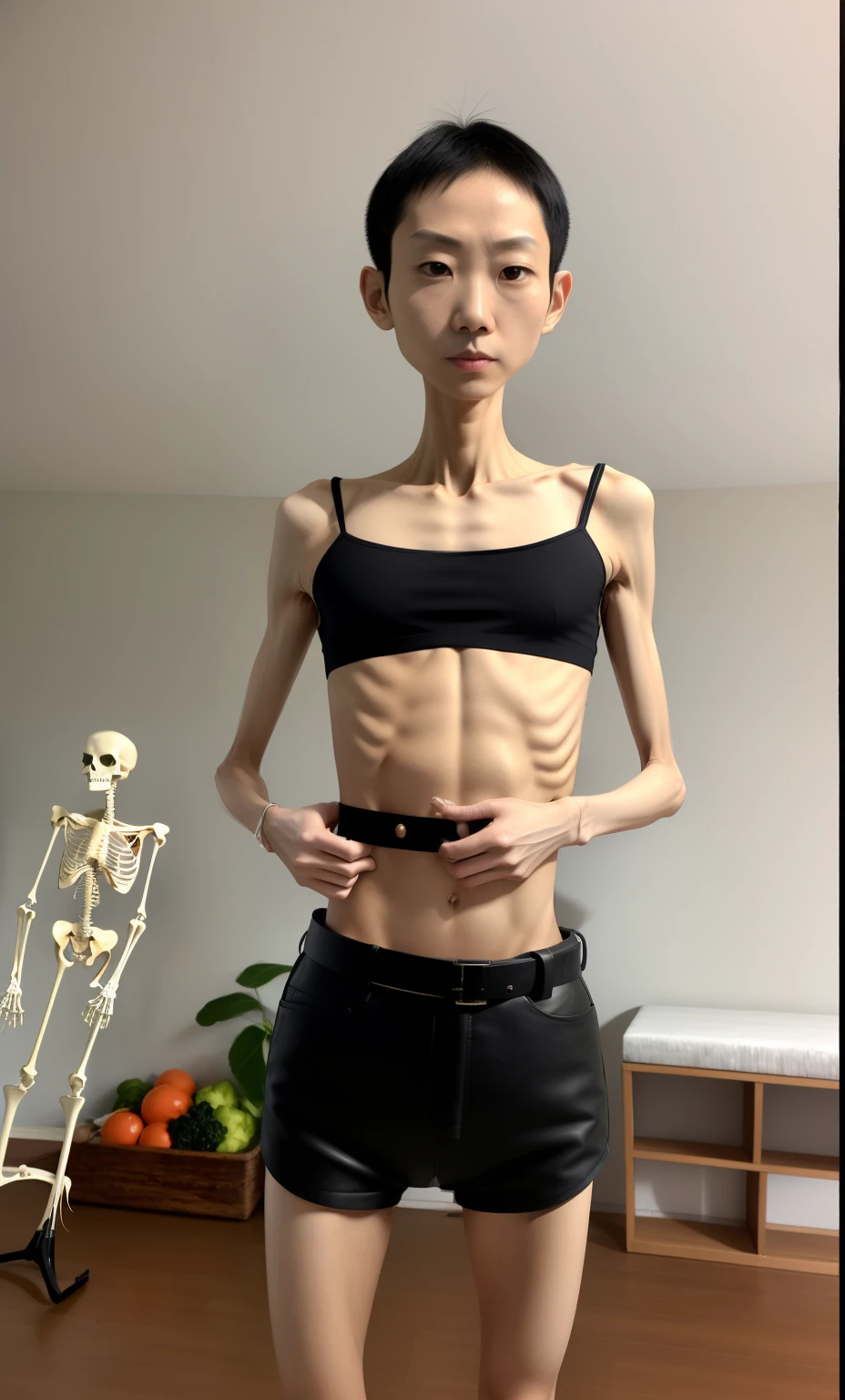 very thin young male，A thin body，Protruding sternum，The waist is very thin，The ribs are noticeable，Protruding ribs，The pelvic protrusion is very obvious，The pelvis is markedly elevated，Legs are just skin and bones，Fair skin，thin shoulde，The waist is very thin，Sunken abdomen，Delicate arms，hunger，sunken lower abdomen，Short hair details，Wear tight leather pants，Asia face，The waist is particularly thin，Cross your hands at your waist，angry look，Excessive weight loss，The face is sunken and thin，Severe malnutrition，hunger，Belt tightens the abdomen，Incompetent men