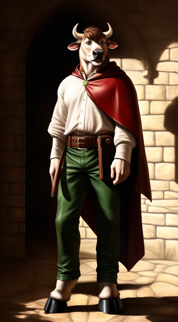 uploaded on e621, (male anthro bull), standing, solo, muscle, detailed scale texture, old castle ruins, (medieval clothing, ((loose green pants, ragged white shirt, belt, red cloak, satchel, leather journal))), brown body, medium-length horns, noon, shaded, bright environment, (front view), looking pleased, [simple background], detailed eyes, masterpiece artwork, caustics, rim lighting, single light source, sharp shadows, solo portrait, (digitgrade, hooves), (realistic, photorealistic, hyper realistic, ultra detailed),